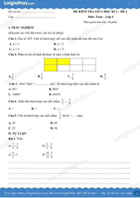 Đề số 4 - Đề kiểm tra giữa học kì 2 - Toán lớp 4